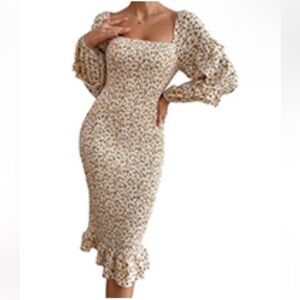 Floral Puff Sleeve Midi Dress Bodycon Fall Dress Long Sleeve